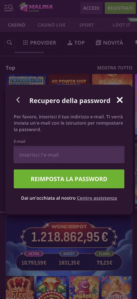 Form recupero password Malina Casino con campo email