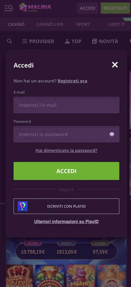 Schermata di login Malina Casino con email e password
