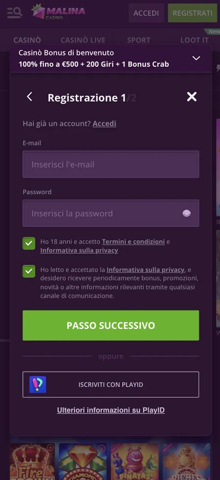 Form di registrazione Malina Casino - step 1